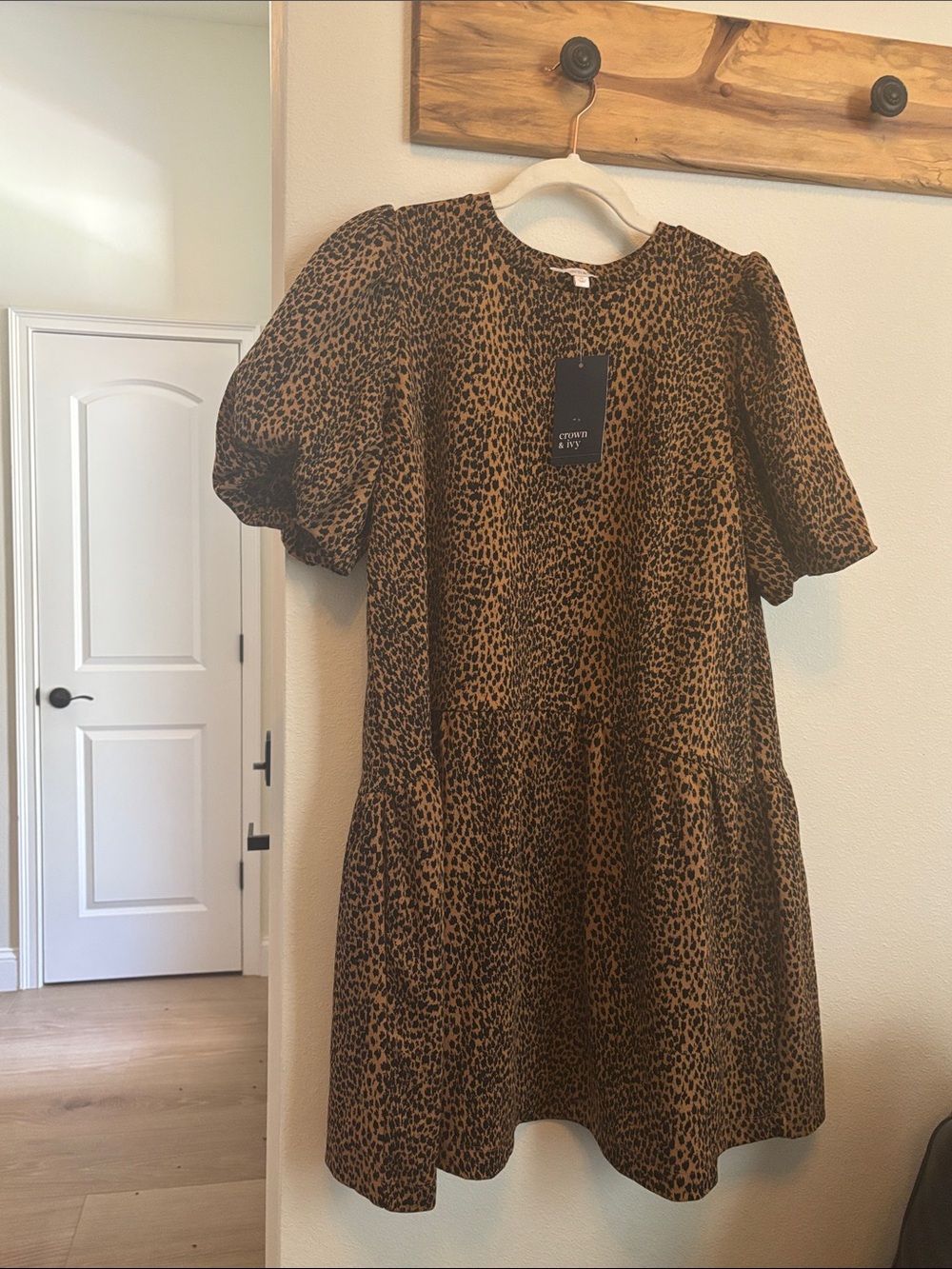 crown & ivy Leopard Print Mini Dress in Brown and Black